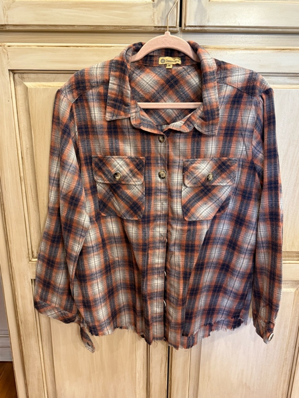 Democracy Plaid Flannel Shirt in Orange, Navy and Cream